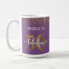 Gold Confetti Script 50 & Fabulous über Lila Kaffeetasse