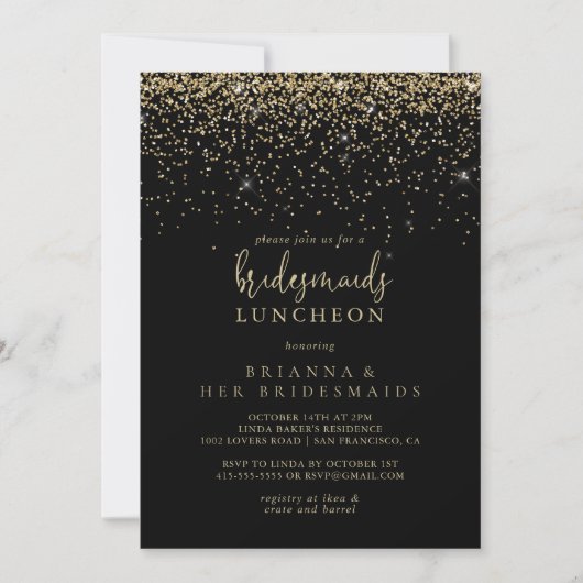 Gold Confetti Script Bridesmaids Luncheon Dusche Einladung (Vorderseite)