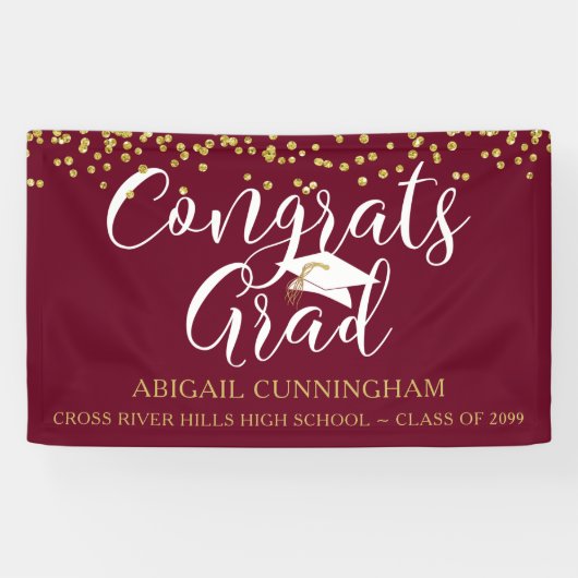Gold Confetti Script GLÜCKWUNSCH GRAD Maroon und G Banner (Horizontal)
