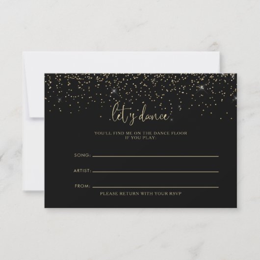 Gold Confetti Script Wedding Song Request Card RSVP Karte (Vorderseite)