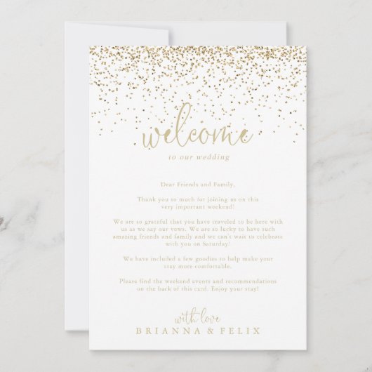 Gold Confetti Script Wedding Willkommensbrief (Vorderseite)