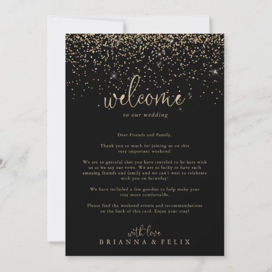 Gold Confetti Script Wedding Willkommensbrief (Vorderseite)