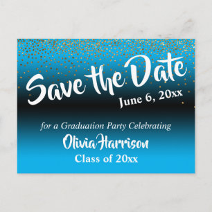 Gold Confetti Sky Blue Abschluss Save the Date Postkarte