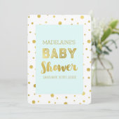 Gold Confetti Sky Blue Baby Dusche Einladungen (Stehend Vorderseite)