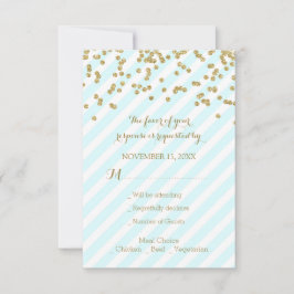 Gold Confetti Sky Blue Stripes Wedding RSVP Karte