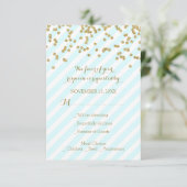 Gold Confetti Sky Blue Stripes Wedding RSVP Karte (Stehend Vorderseite)
