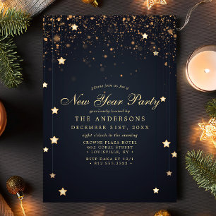 Gold Confetti Stars Navy Blue New Year Party Einladung