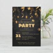 Gold Confetti Streamers Black New Year's Eve Party Einladung (Stehend Vorderseite)