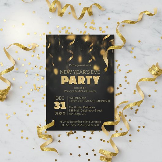 Gold Confetti Streamers Black New Year's Eve Party Einladung