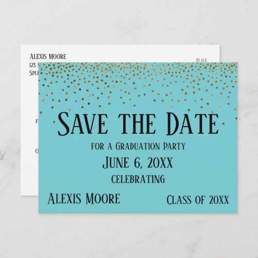 Gold Confetti Türkis Abschluss Save the Date Postkarte (Vorne/Hinten)