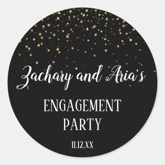 Gold Confetti über Black Engagement Party Envelope Runder Aufkleber (Vorderseite)