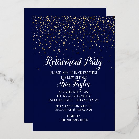 Gold Confetti über das Party Gold des Blue Retirem Folieneinladung (Vorderseite/Rückseite)