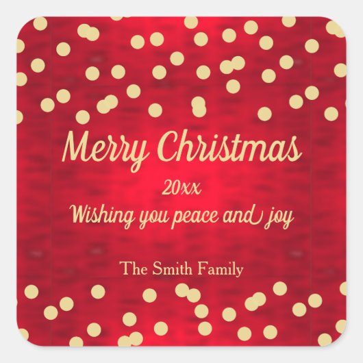 Gold Confetti über Red Christmas Pattern Quadratischer Aufkleber (Vorderseite)