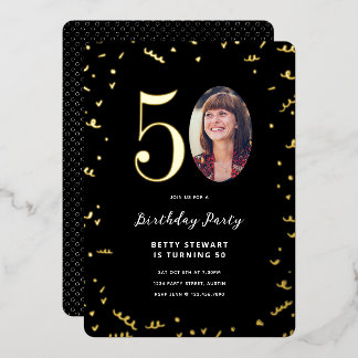 Gold Confetti und Foto 50. Geburtstagsparty Folieneinladung