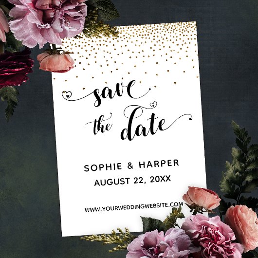 Gold Confetti und Kalligrafie mit Herz Save The Date