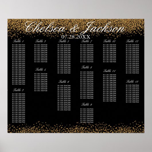 Gold Confetti und Schwarz - 13 Seating Chart Poster (Vorne)
