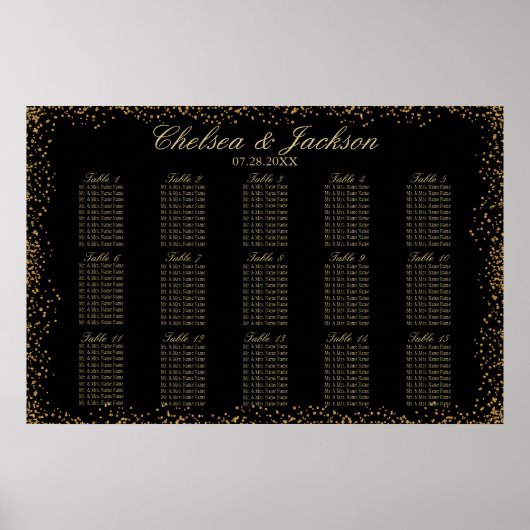 Gold Confetti und Schwarz - 15 Sitzkarten Poster (Vorne)