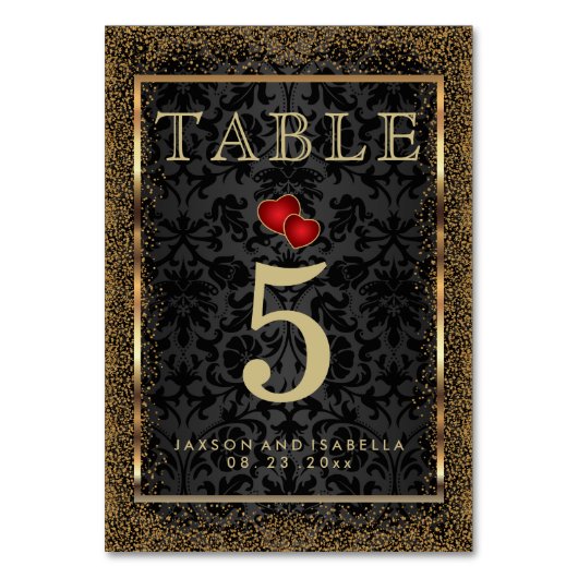 Gold Confetti und Schwarz - Tischkarte Tischnummer (Rückseite)