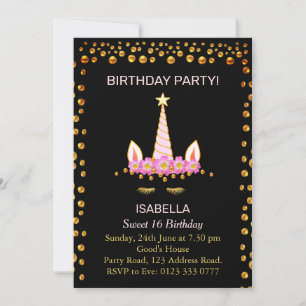 Gold Confetti und Unicorn o Sweet 16 Geburtstag Einladung