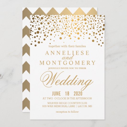 Gold Confetti und White Wedding Einladung (Vorne/Hinten)