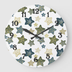 Gold Confetti Watercolor Stars Große Wanduhr
