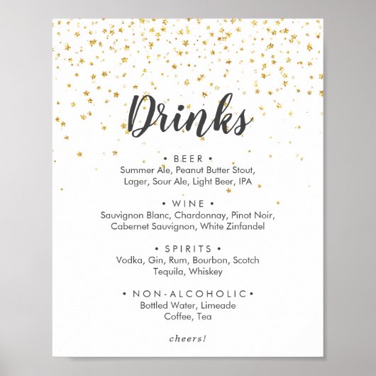 Gold Confetti Wedding Drinks Menü-Zeichen Poster (Vorne)