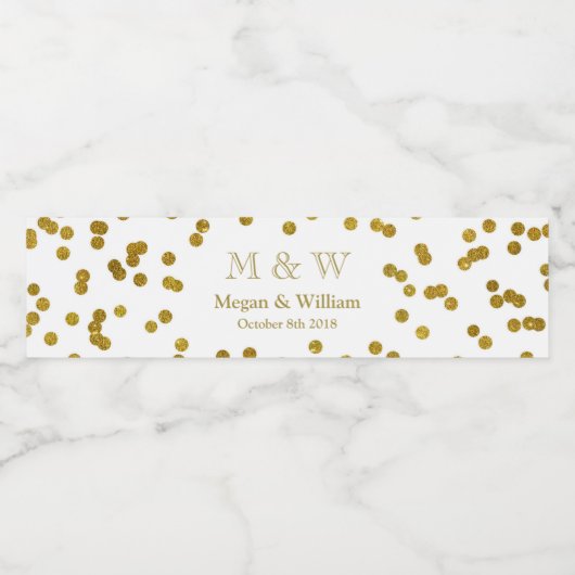 Gold Confetti Wedding Monogram Water Flasche Label Wasserflaschenetikett (Einzelnes Label)