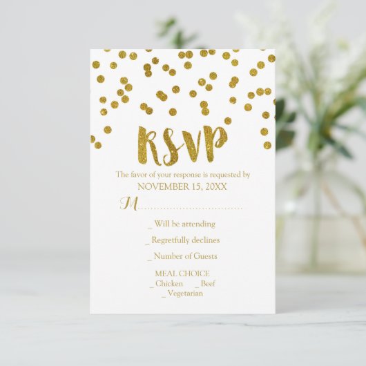 Gold Confetti Wedding RSVP Cards (Stehend Vorderseite)