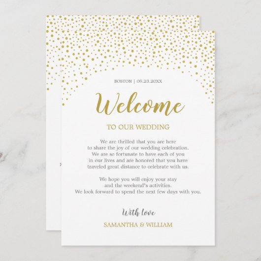 Gold Confetti Wedding Willkommensnote | Eigene Far Einladung (Vorne/Hinten)
