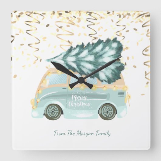 Gold Confetti, Weihnachten Grüner LKW Pine Tree   Quadratische Wanduhr (Vorderseite)