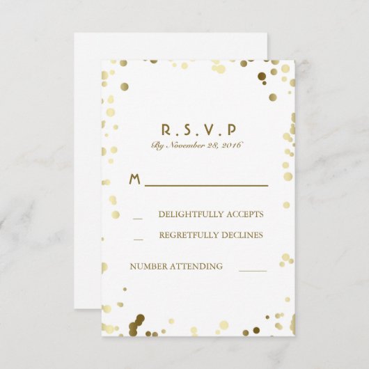 Gold Confetti White Elegante Wedding RSVP Cards (Vorne/Hinten)