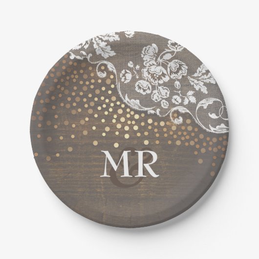 Gold Confetti Wood Lace Wedding Monogram Pappteller (Vorderseite)