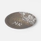Gold Confetti Wood Lace Wedding Monogram Pappteller (Schrägansicht)