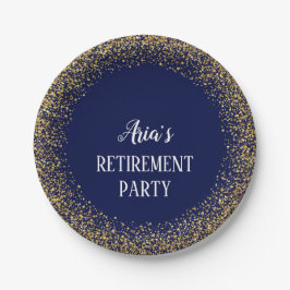 Gold Confetti zu Tellern des Blue Retirement Party Pappteller