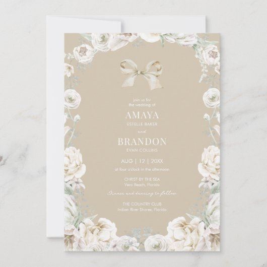 Gold Coquette Bow Floral Wedding Einladung (Vorderseite)