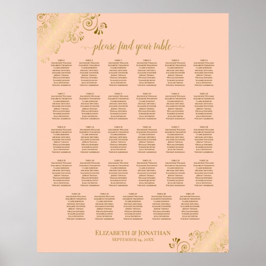 Gold & Coral Peach 29 Table Wedding Seating Chart Poster (Vorne)