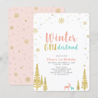 Gold & Coral Winterlandschaft 1. Party Einladung
