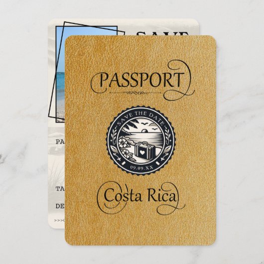 Gold Costa Rica Passport Save The Date (Vorne/Hinten)