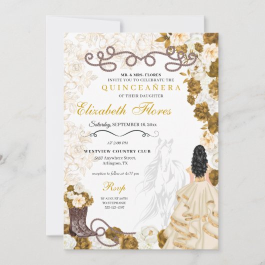 Gold Cowgirl Charro Western Quinceañera Einladung (Vorderseite)