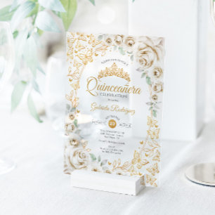 Gold Cream Floral Quinceañera Acryleinladungen