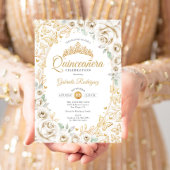 Gold Cream Floral Quinceanera Einladung