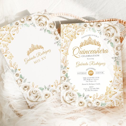 Gold Cream Floral Quinceanera Einladung