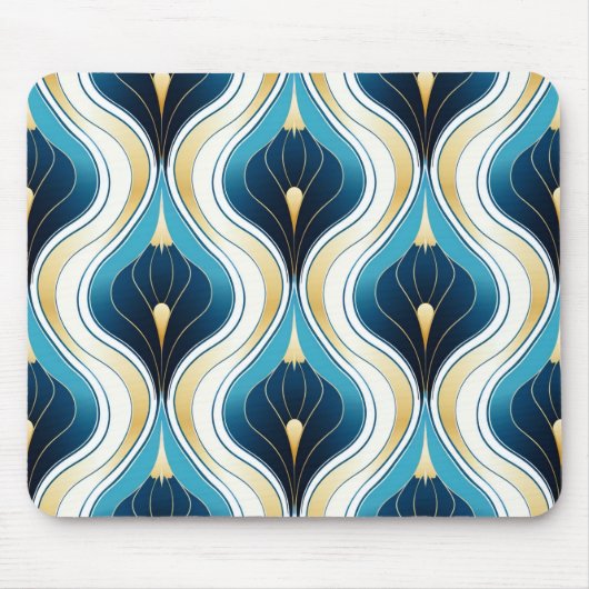 Gold, Creme, blau gefärbtes Ogee Art Deco Stil Mousepad (Vorne)
