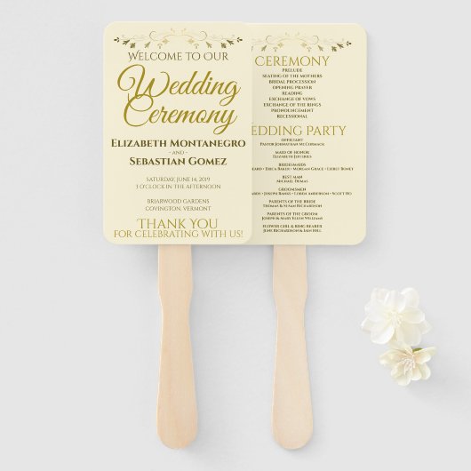 Gold & Creme Elegantes Hochzeitsprogramm Geblüht Fächer (Vorne und Hinten)