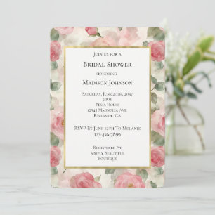 Gold Creme Grün Rosa Rosen Floral Brautparty Einladung