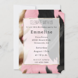 Gold Creme Pink Black Cowgirl Cowhide Einladung