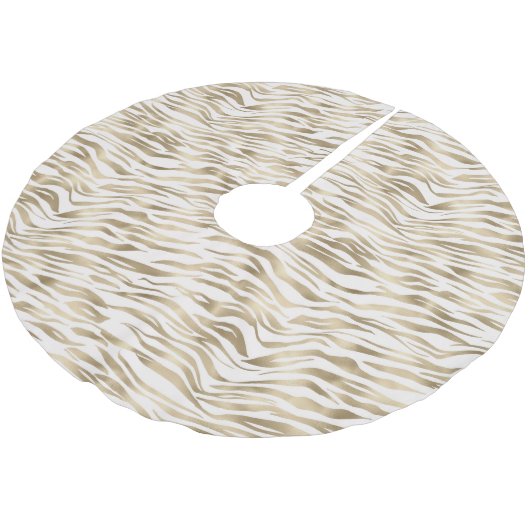 Gold Creme White Zebra Animal Print Polyester Weihnachtsbaumdecke (Schrägansicht)