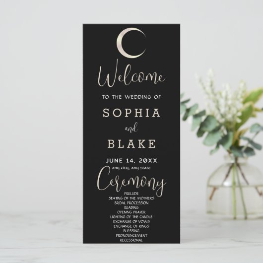 Gold Crescent Moon Celestial Black Wedding Program (Stehend Vorderseite)