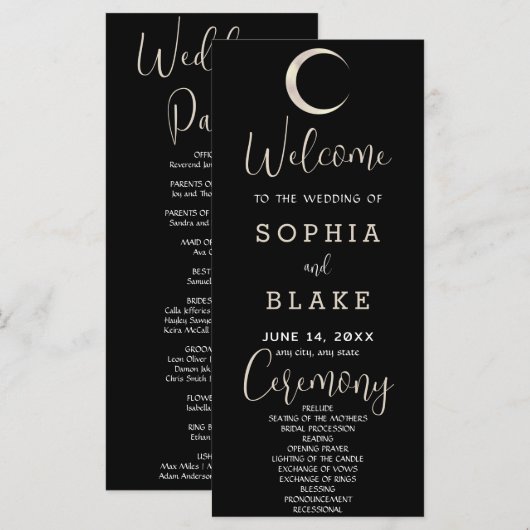 Gold Crescent Moon Celestial Black Wedding Program (Vorne/Hinten)