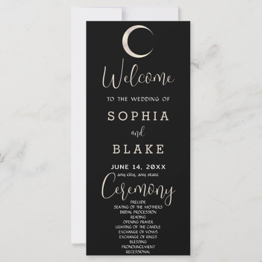 Gold Crescent Moon Celestial Black Wedding Program (Vorderseite)